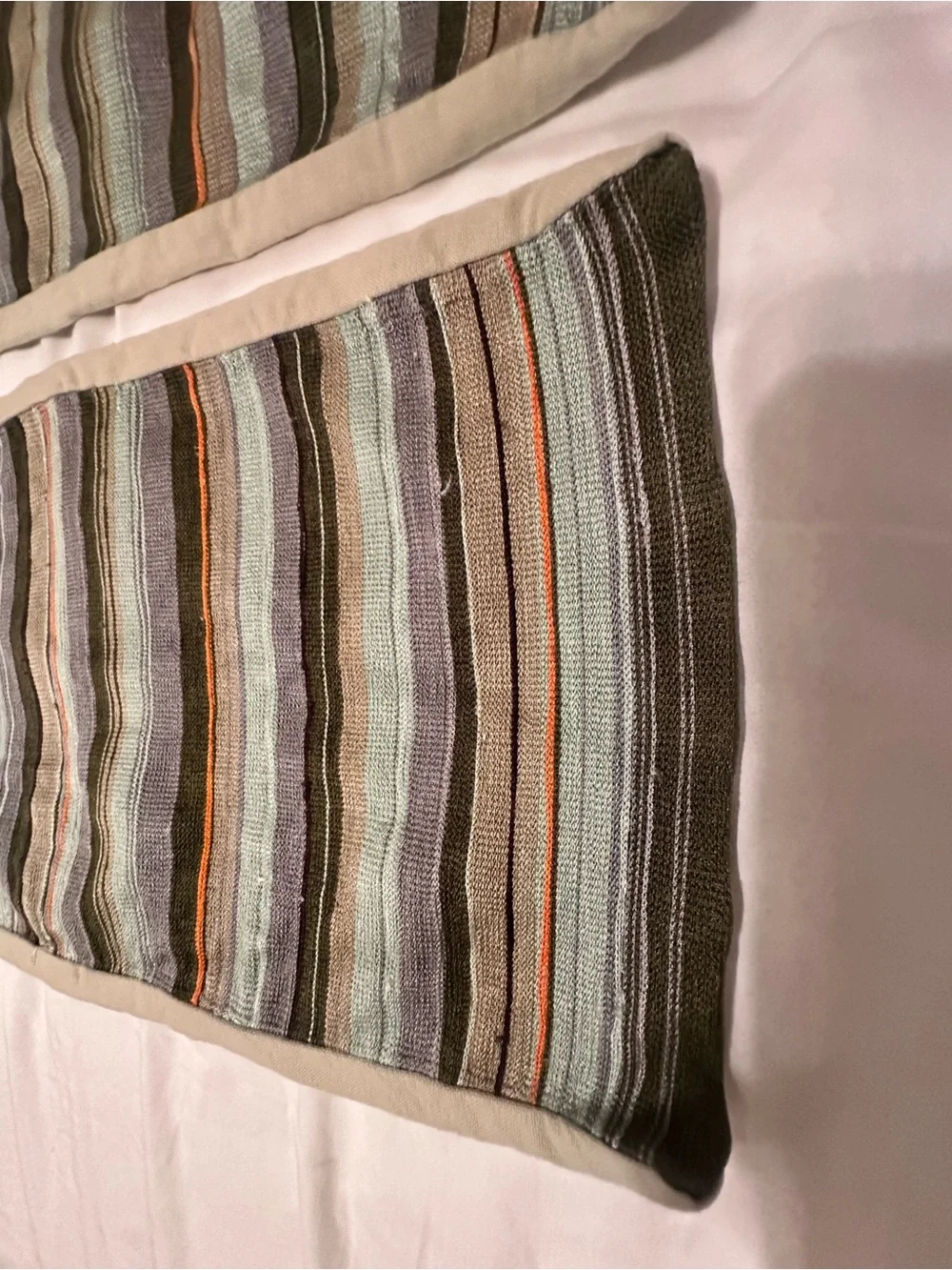 Crate&Barrel Striped pillow covers in Sage Green, Taupe and Orange